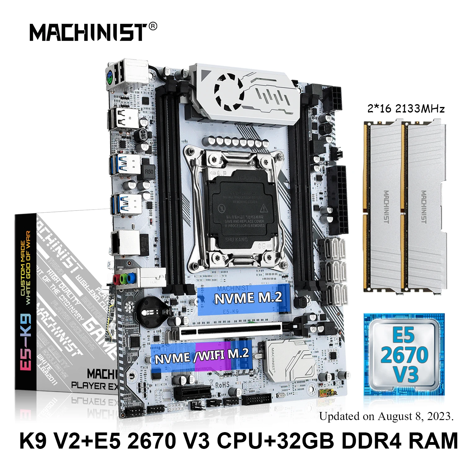 آلة اللوحة الأم X99 كومبو Xeon E5 2670 V3 عدة CPU LGA 2011-3 المعالج 2*16G ذاكرة DDR4 RAM NVME M.2 WIFI USB3.0 K9 V2