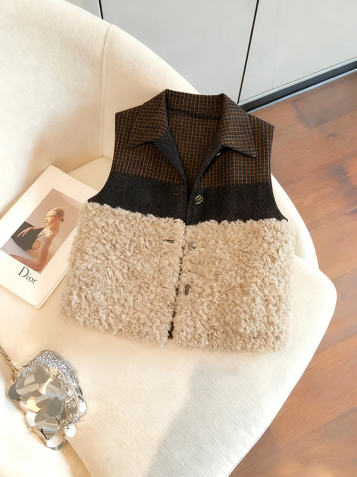 

Retro Korean Sle Women's Lamb Fur Vest Jaet Loose Fit Autumn Winter Faion Outerwear Collar ort Length Plaid Pattern