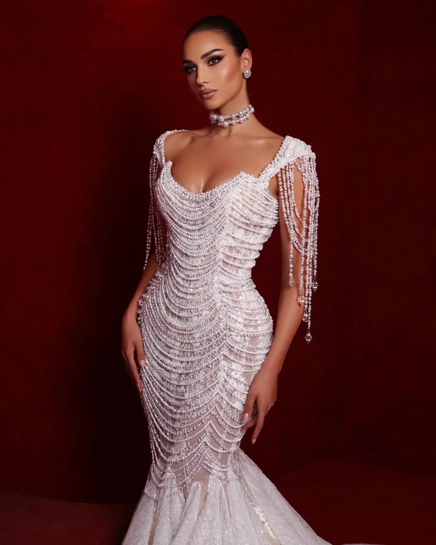 

Luxury Pearls Wedding Dress Elegant Short Sleeve Lace Mermaid Bridal Gown Fashion Tassels Floor Length Bride Dresses Customized