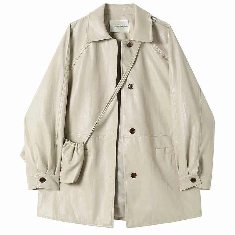 الرجعية فو الجلود السترة معطف للنساء 2025 ربيع الخريف واحدة الصدر التلبيب طوق منتصف طول سترة جلدية فضفاضة