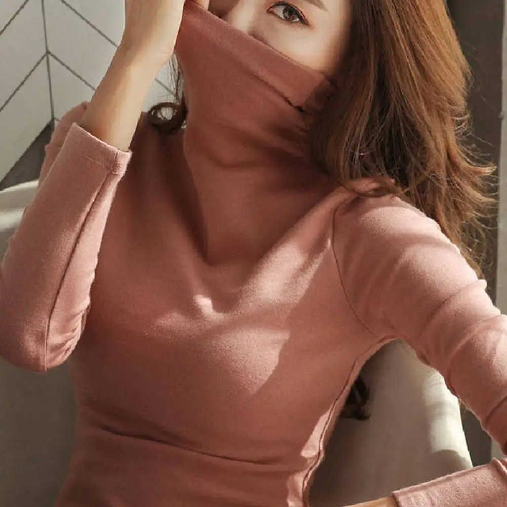 Fleece Women Blouse Thin Autumn Base Winter Top Long Sleeves Pullover Solid Color T-shirt Female Undershirt Warm Bottoming Top