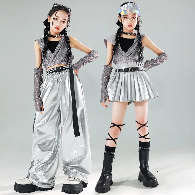 New Girls Sequin Crop Hoodies Street Dance Skirts Kids Hip Hop Jazz Silver Pants Clothes Sets Children Streetwear K-pop Costumes