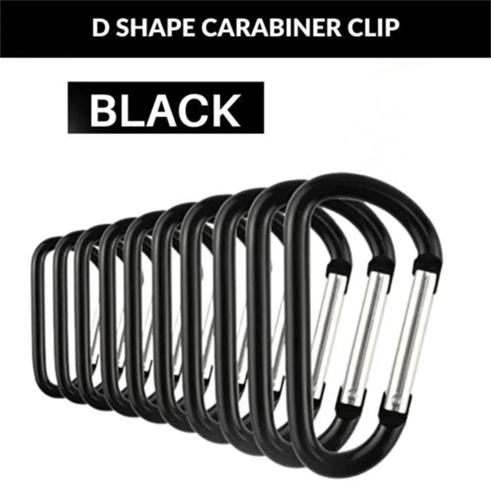 10Pcs/Set Black D-Ring Carabiner Keychain Aluminum Buckle Spring Snap Hook Clip for Outdoor Camping Daily Tools