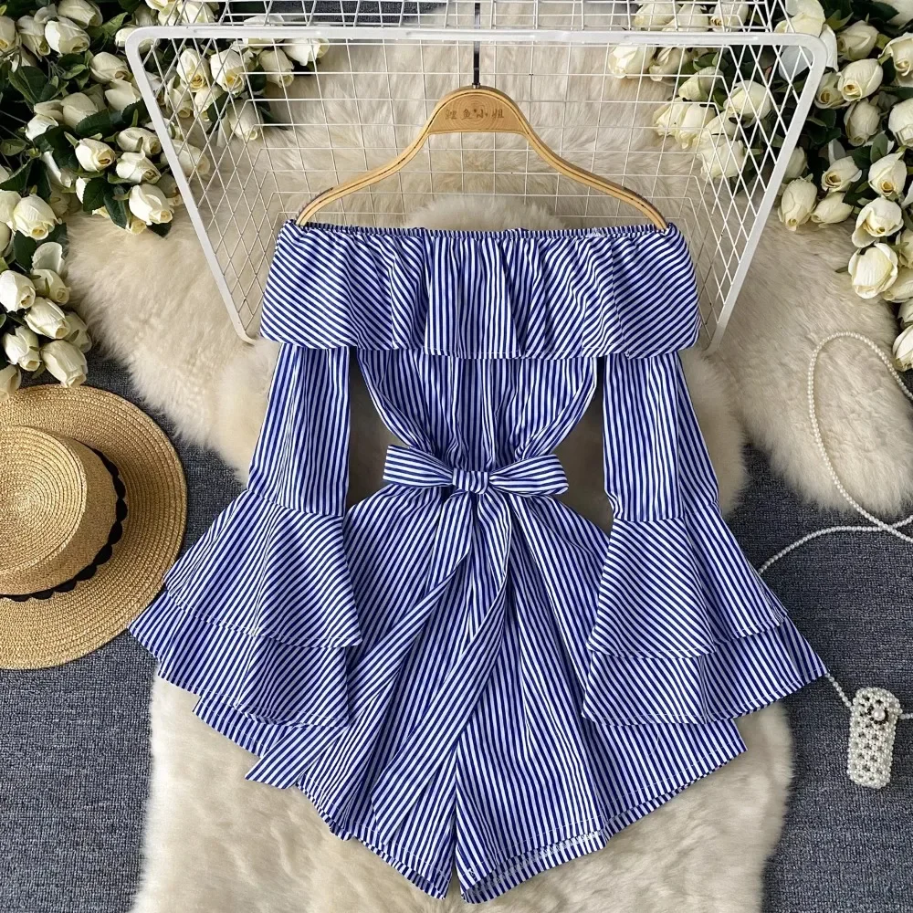 Chic Sweet Off Shoulder Striped Ruffle Jumpsuit Vintage Slash Neck High Waist Romper French Casual Spring Summer Women Playsuit