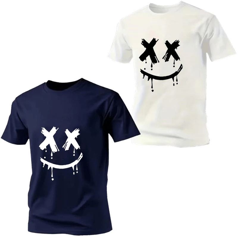 Men's Streetwear X Eyes Smiley Face Print T-Shirt Summer Mesh Casual Short Sleeve O-neck Tops Tees for Men Women Couple Tshirt
