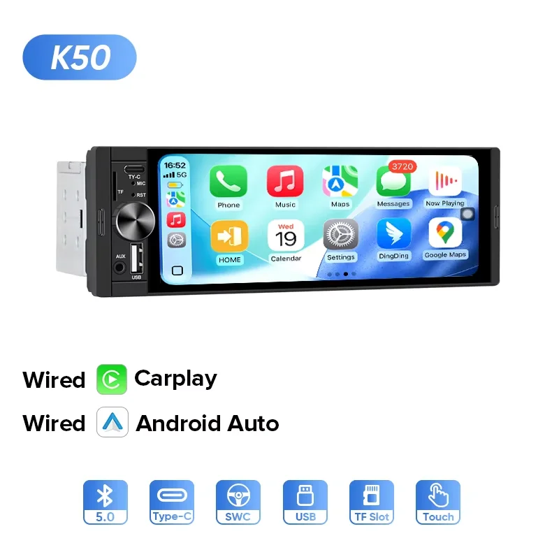AINAVI 1 Din 6.36" HD touchscreen autoradio MP5-speler met bedrade Carplay/Android Auto Bluetooth FM-radio-ontvanger USB TF AUX-IN