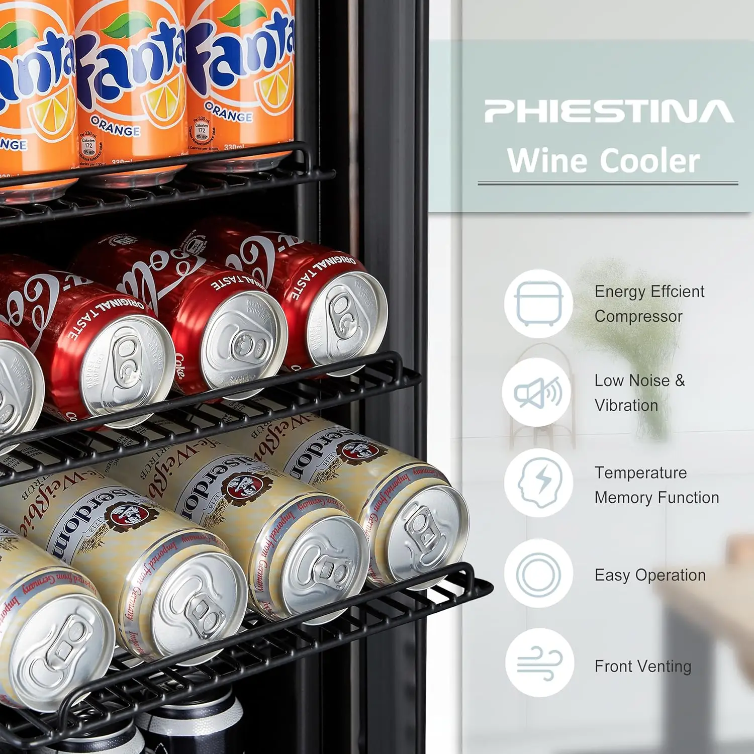 Refrigerator, Phiestina15 inch 96 Cans Built-in or Freestanding Beverage Cooler Mini Fridge with Auto Defrost,Glass Doo