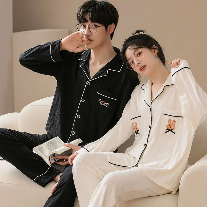 2024 New Couple Pajamas Spring Autumn Women Long-Sleeved Trousers Thin Homewear Suit Men Casual Loose Large Size Sleepwear Set