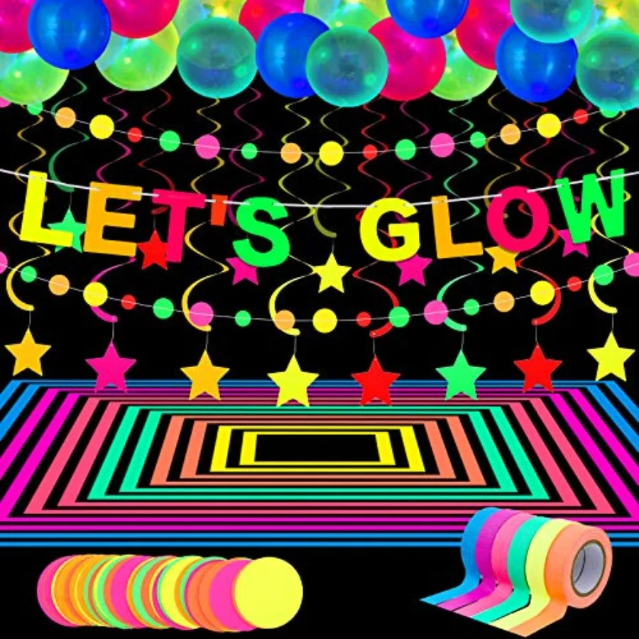 

44 Pcs Neon Birthday Party Decoration Glow in The Dark Party plies Includes Let's Glow Banner Star Hanging Swirl Fluorescent Ba