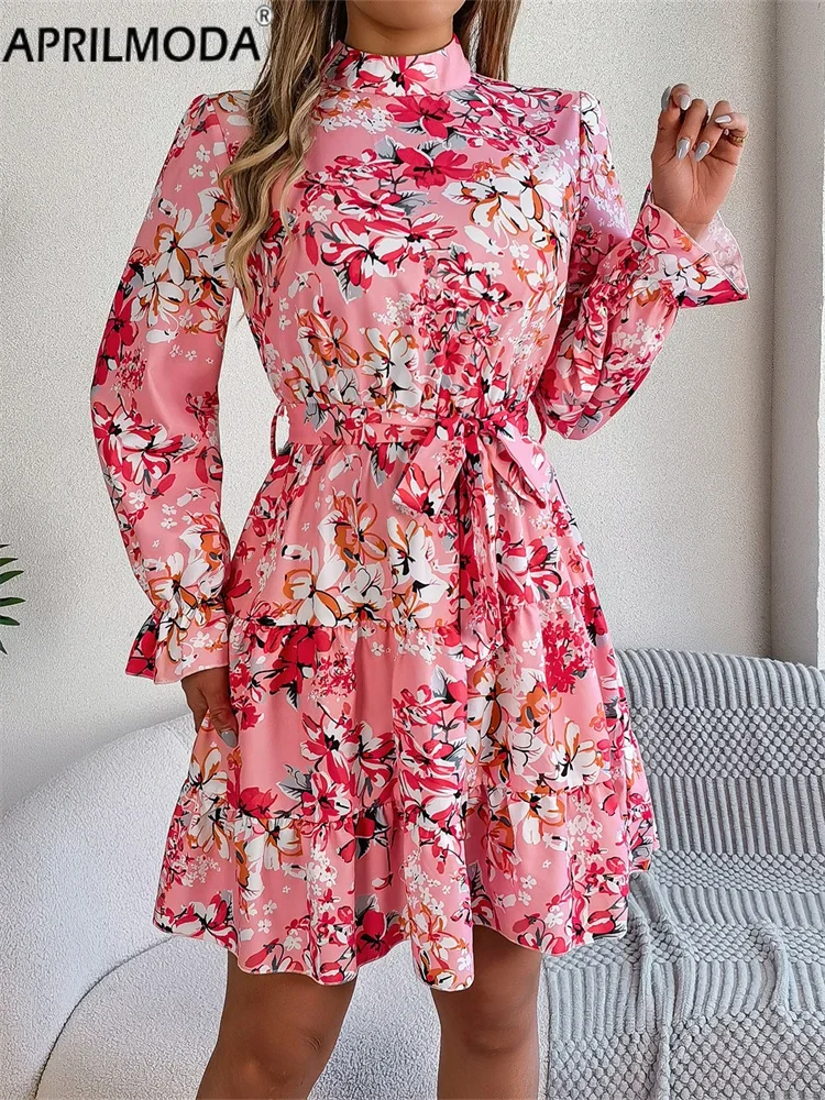 2024 Long Puff Sleeve Floral Print Women Casual Dress  Autumn Winter Ruffle Hem Elegant A Line Swing Runway Birthday Dresses