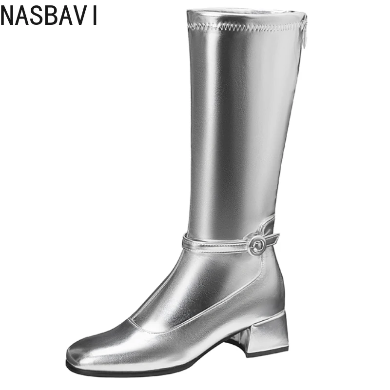 الفاخرة الشتاء حذاء برقبة للركبة الذهب الفضة المرأة أحذية عالية عادية منخفضة الكعب موضة أحذية الحفلات الطويلة سيدة مقاوم للماء