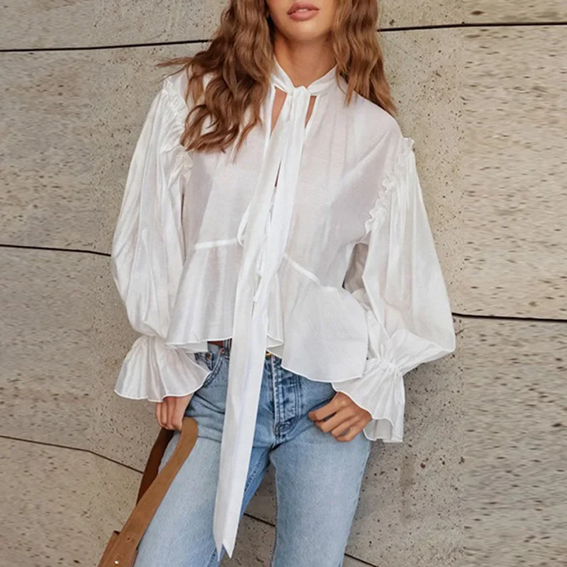 

2025 New Autumn Puff Sleeve Loose Pullover Women Casual High Street Solid Color Commuting Top Simple Lace Up Ruffle Design Tees