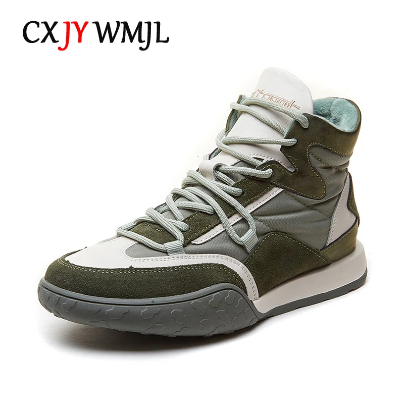 CXJYWMJL High Top Sneakers for Women Genuine Leather Autumn Winter Vulcanized Shoes Plush Sports Skate Ladies Casual Warm Boots
