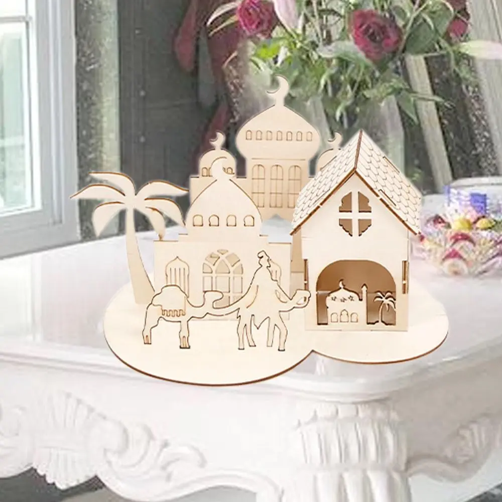 Wooden Castle Ornaments Eid Mubarak DIY Craft Decorative Removable Handmade Ramadan Table Ornaments Atmosphere Creative