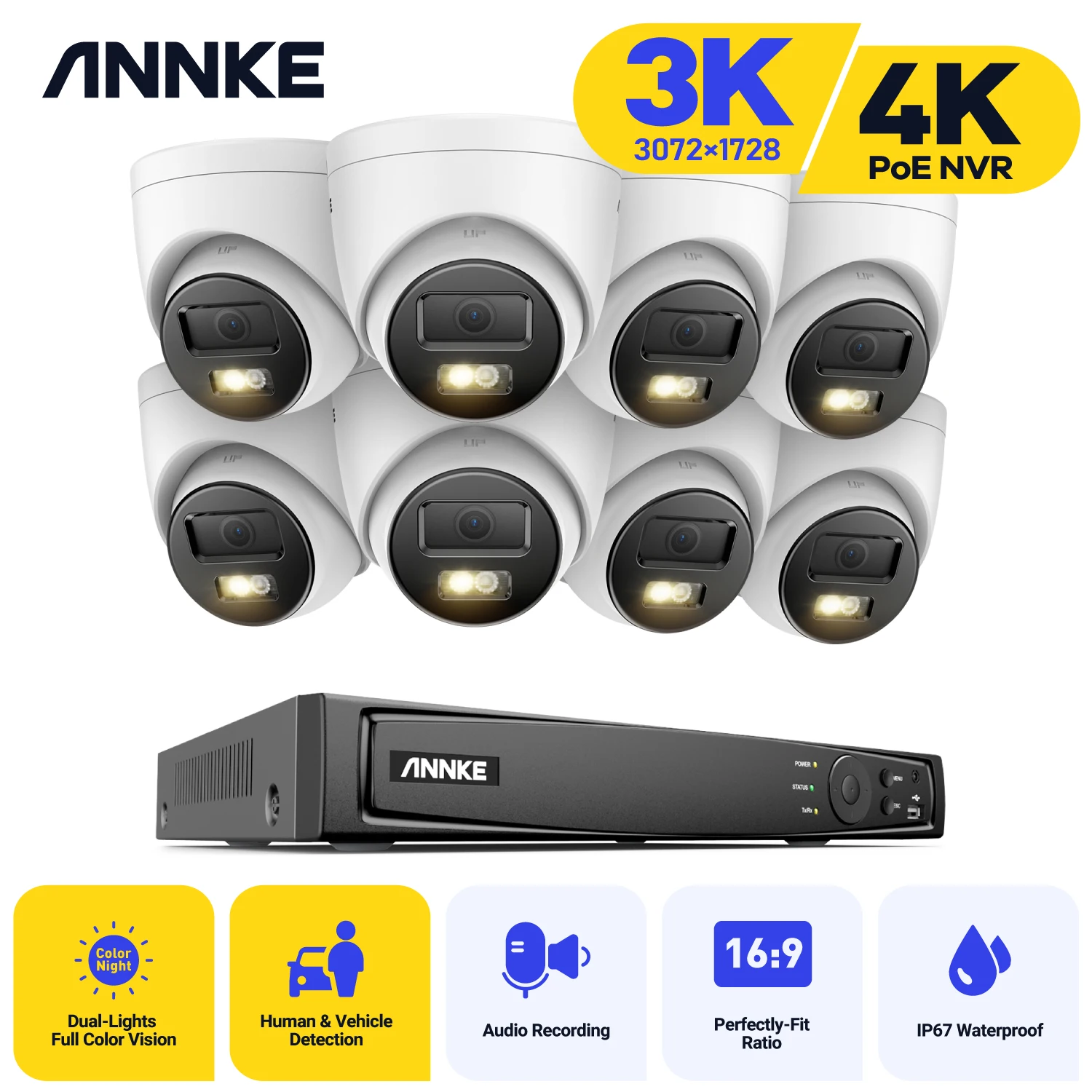 ANNKE 3K 5MP PoE Video Surveillance Cameras System 8CH NVR 8PCS Out/Indoor 3K Double Light IP Network Camera CCTV Security Set