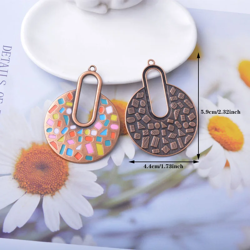 10 Stück/Set 44*59mm Boho Legierung Bunte Runde Große Anhänger Damen Schmuckzubehör Emaillierter Anhänger – Detail 4