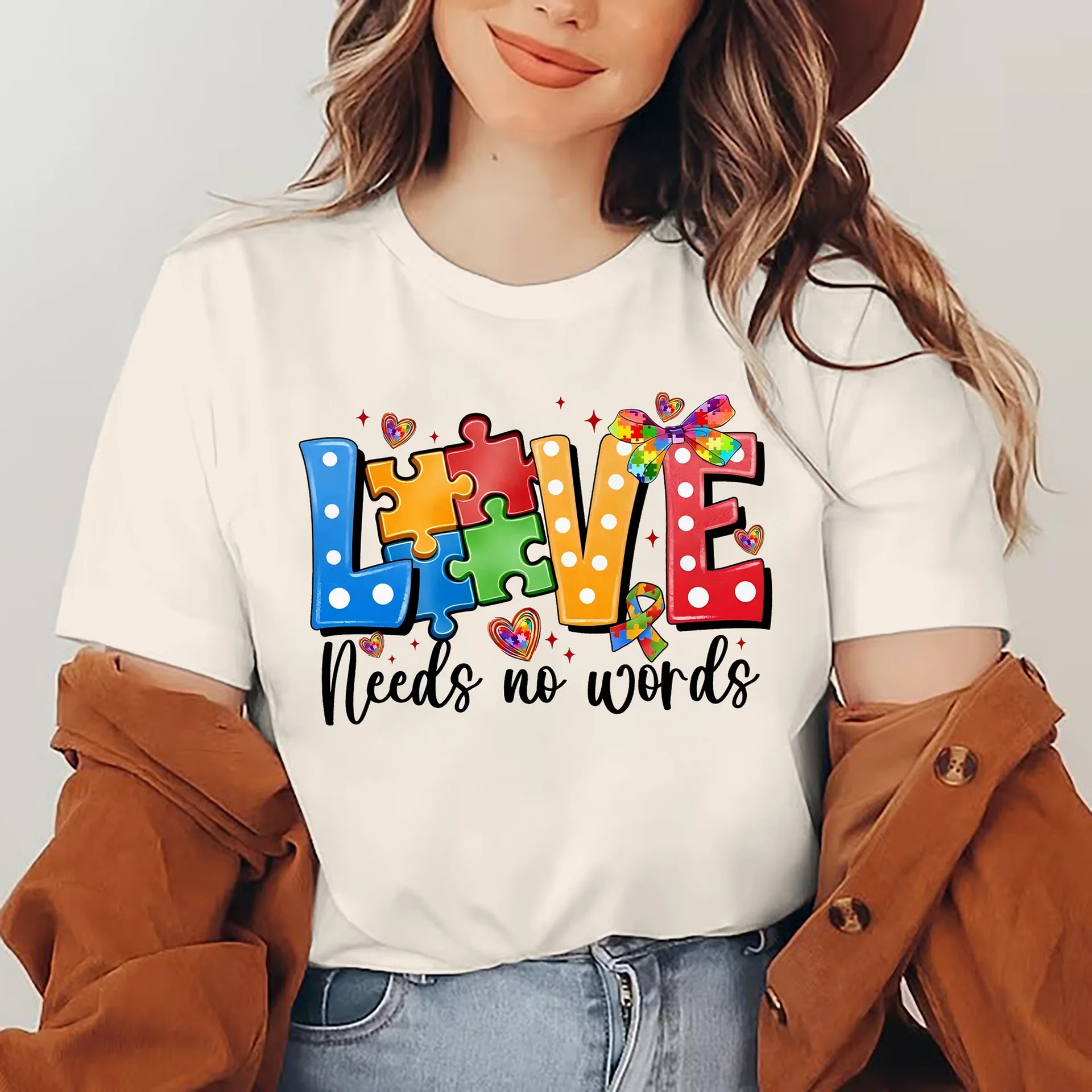 

Autism Awareness 'I'm April We Wear Blue' Casual T-Shirt Soft& Elastane Blend Crew Neck Short Sleeve Women's Spring Tops