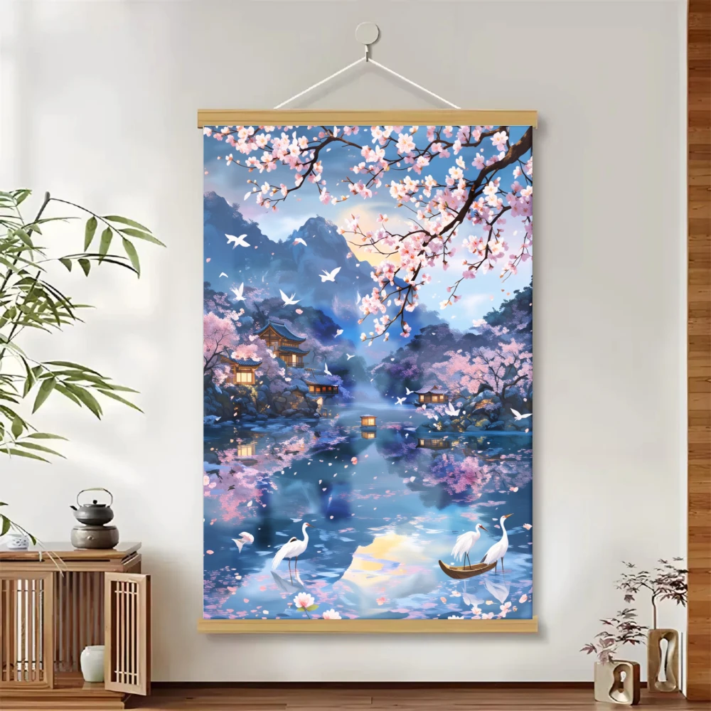 1pcs 2D Scroll painting Purple Moonlight Forest With Flowers And Water Reflection Dreamy forest For Bedroom Living Room Decor