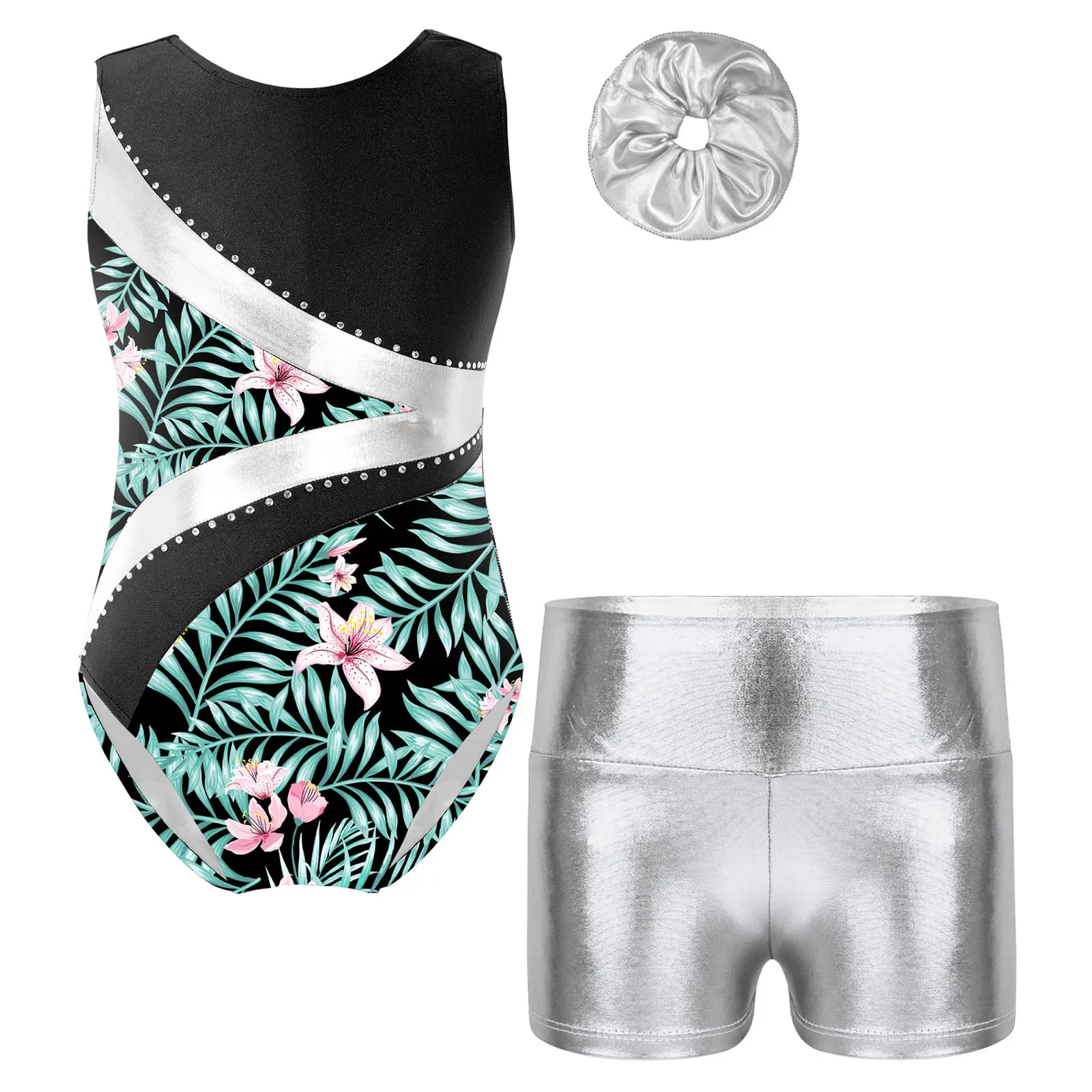 

3pcs/Set Kids Girls Shiny Rhinestones Leotard Colorful Printed Metallic Shorts Hairband Suit Performance Competition Bodysuit