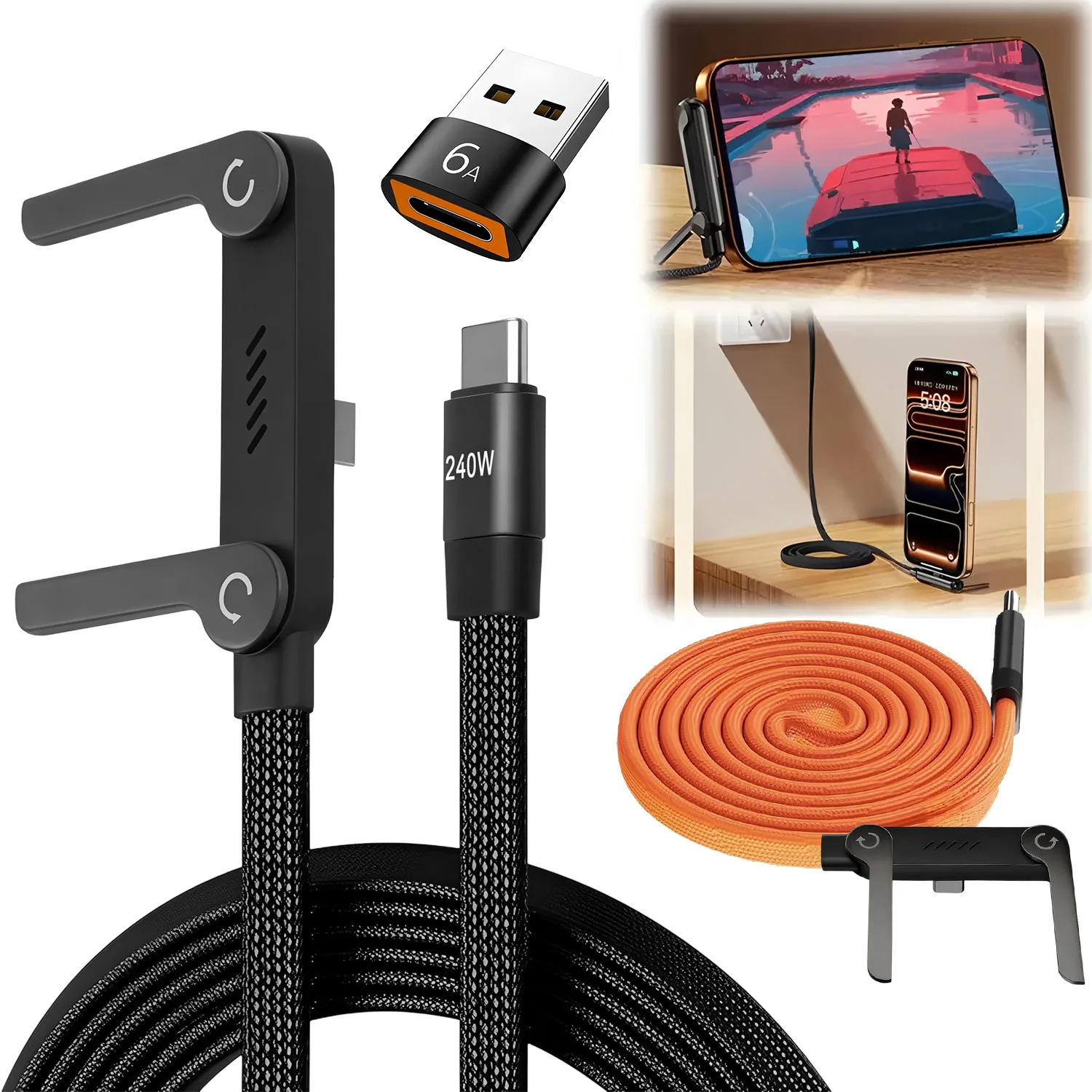 240W 2-in-1 Fast Charging Foldable Bracket Data Cable Type-C to Type-C USB to Type-C Data Wire with OTG Phone Stand image 2