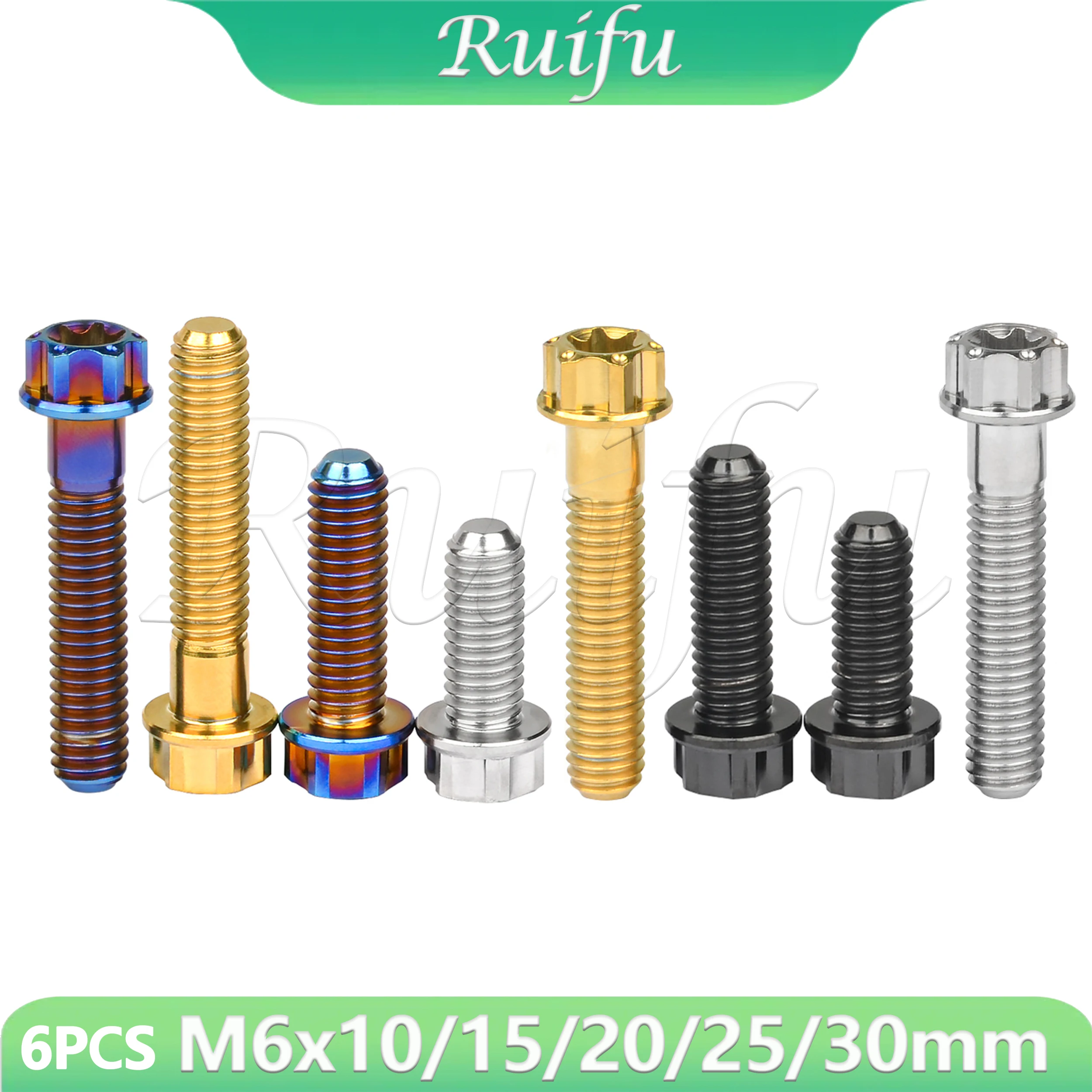 Ruifu Titanium Bolt 6PCS M6x10/15/20/25/30mm Torx T30 Flange Head Ti Screws for Motorcycle Modification