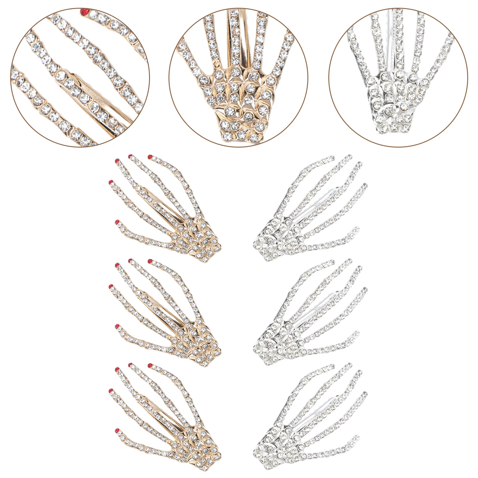 

6 шт. уникальные заколки для волос со стразами, дизайн руки-скелета для празднования Хэллоуина