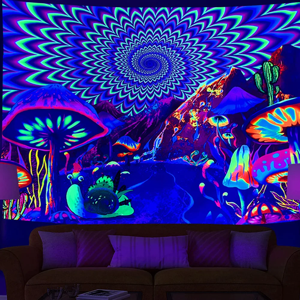 Fluorescent mandala tapestry, psychedelic mushroom decoration, bedroom, aesthetic room, art decoration