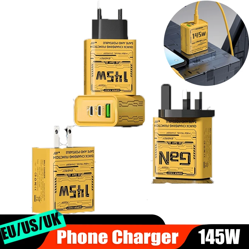 Зарядное устройство GaN для телефона с 3 портами Type-C USB, 145 Вт, для iPhone, Huawei, Xiaomi, с вилкой EU/US/UK, быстрая зарядка, адаптер питания для путешествий