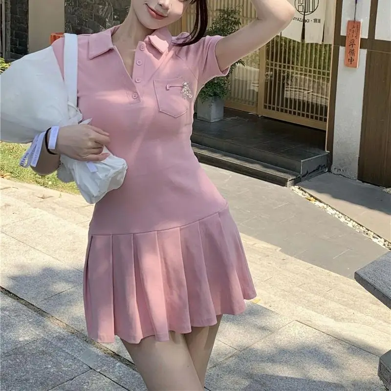 Lapel Button Pocket + Bear Pin Pleated A-Line Mini Female Dress Summer 2023 New Slim Sweet Spice Girl Fashion Casual Short Skirt