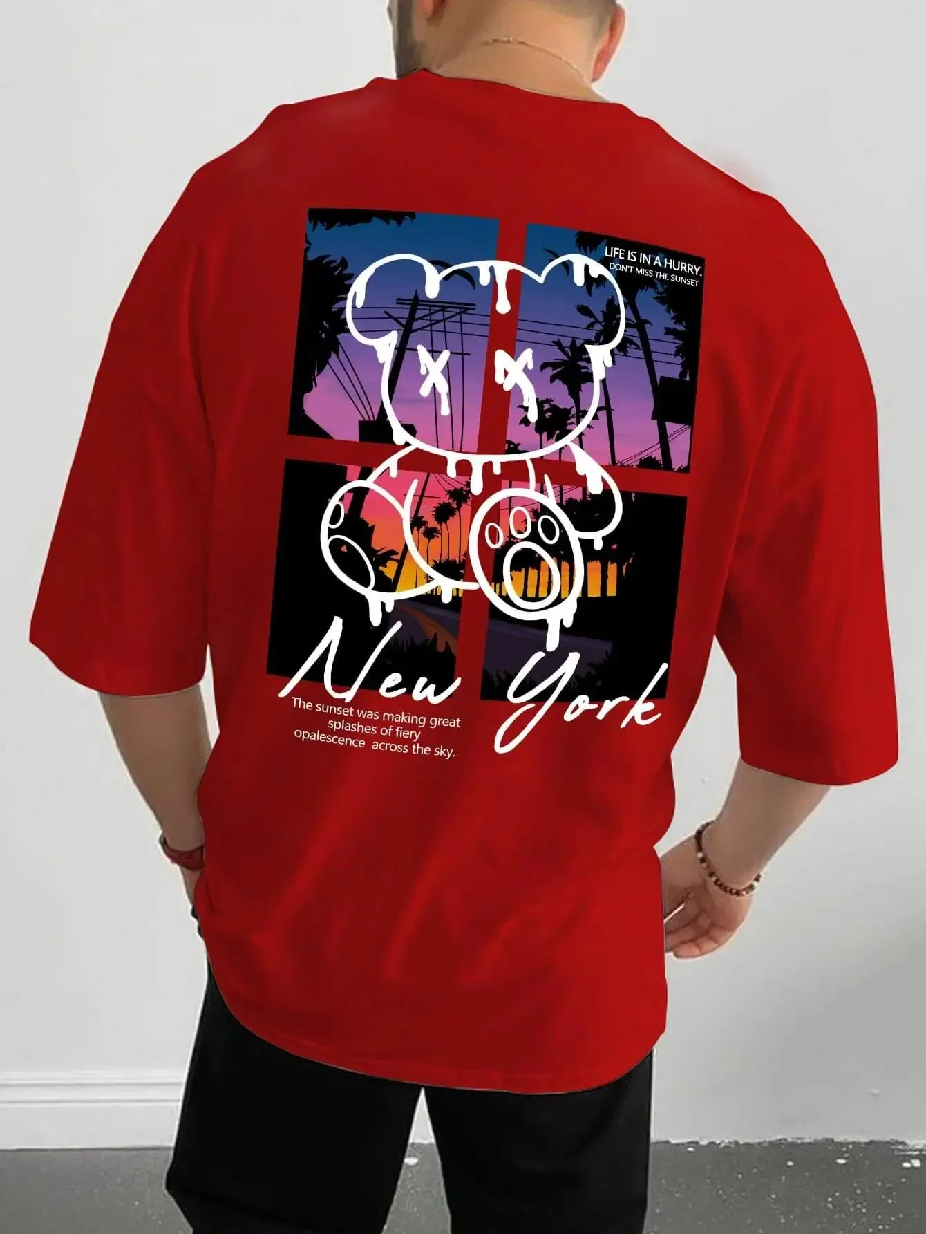

New men's Slim Fit Cotton T-Shirt York Art Word Cartoon Bear Sunset Scenery Design T Shirts Men Fashion Shirt Loose Summe