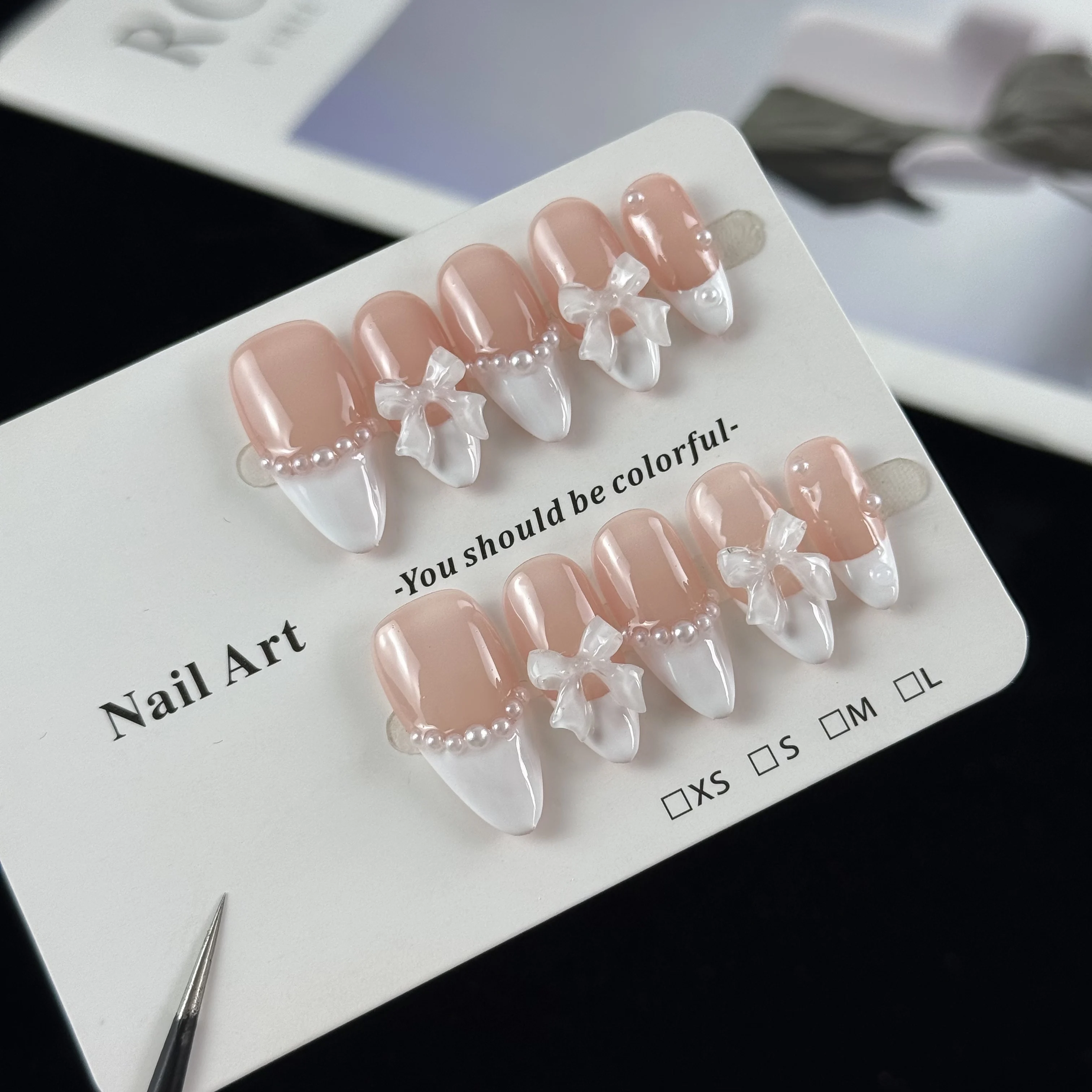 10pcs high-end Simple and elegant style, hand-painted three-dimensional bow, nude color scheme, cute pearls handmade fake nails