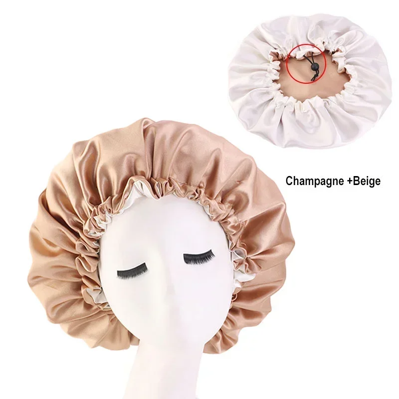 Reversible Satin Hair Caps Bonnets Double Layer Adjust Headwear Curly Hair Cover Hat For Sleeping Women Styling Accessories