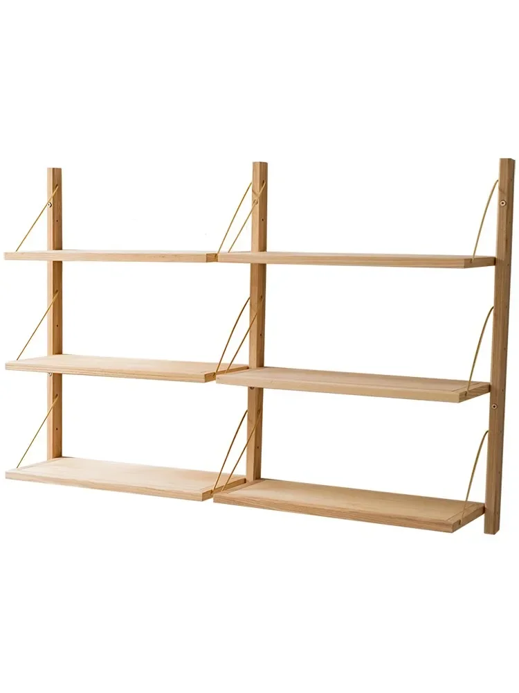 White wax solid wood wall mounted shelves, brass brackets, multi-layer bookshelves, simple straight partition, study display