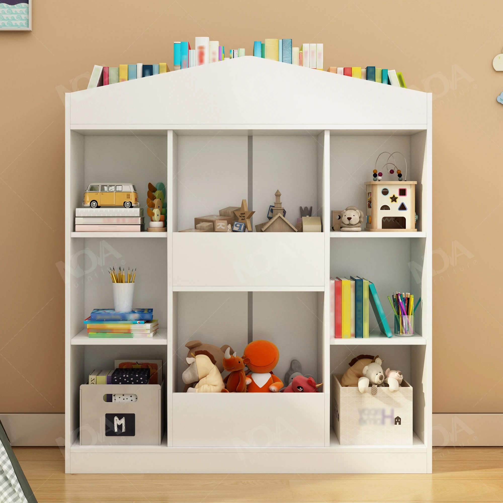

White Wooden Kids Bookshelf Cartoon Castle Design For School Living Room Stocked USA Toddler Daycare Toys Storage Cabinet