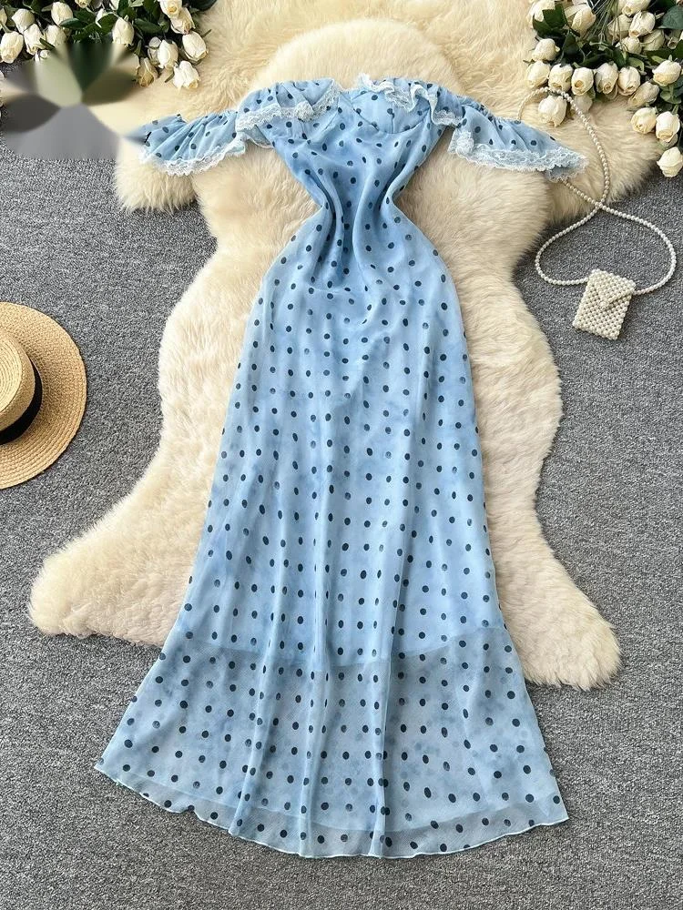 

Polka Dot Elegant Dress Off Shoulder Summer Slim Simple Gentle Female French Style Chiffon Trendy Vacation Long Dress
