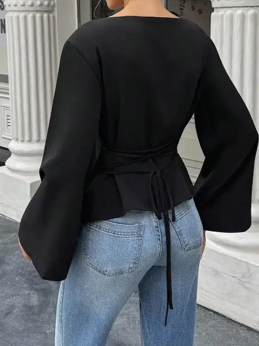 

2025 Solid Color Round Neck Flared Sleeve Tied Waist Cotton and Linen Top, Autumn Women's Elegant and Simple Slim Fit Top