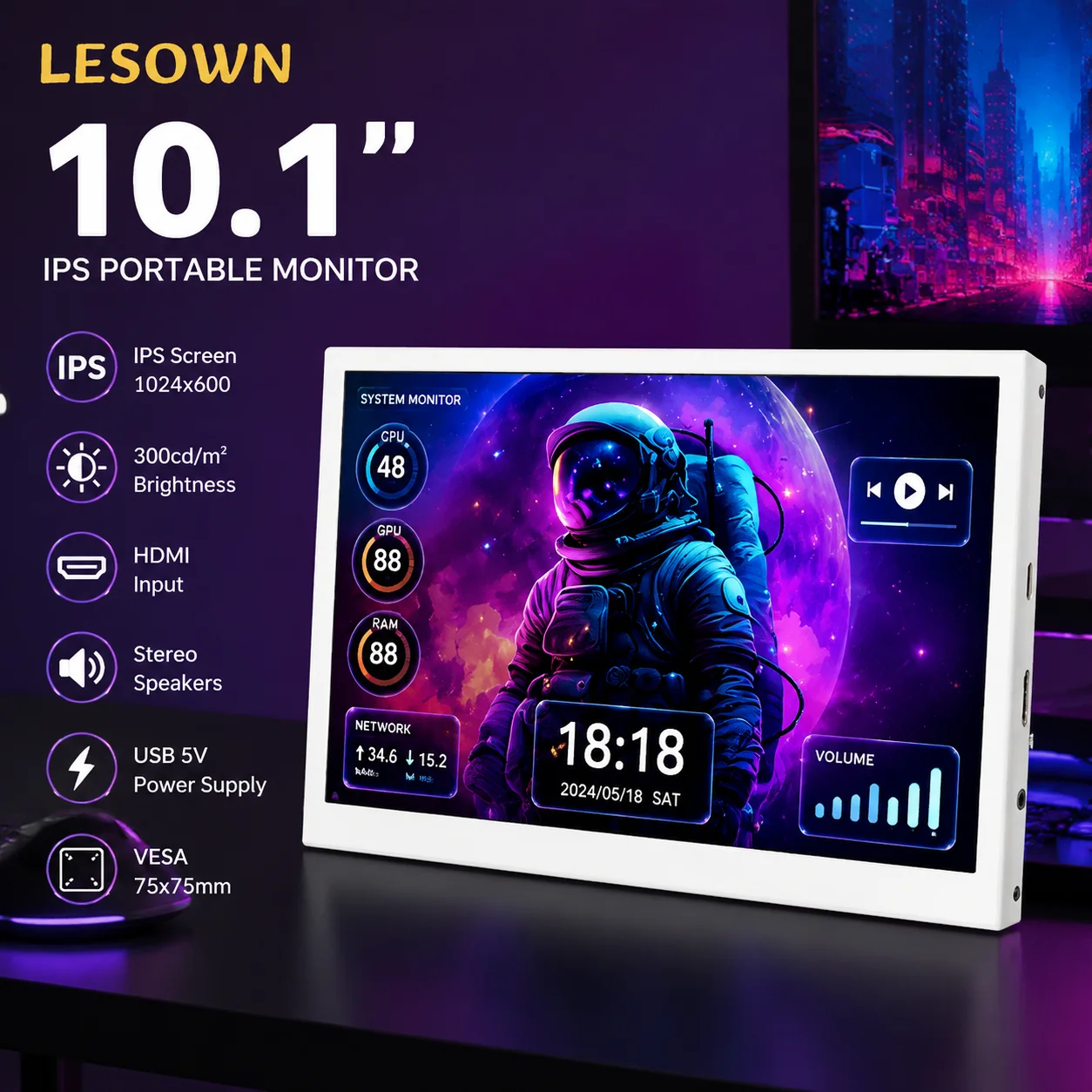 LESOWN 10.1'' Driver‑free LCD Screen 1024x600 16:9 White HDTV Easy Setup for Raspberry Pi DIY Project Monitor