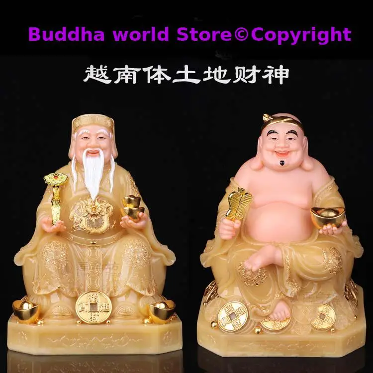 

A pair 2P gilding jade BUDDHA figure Vietnam HOME shop Prosperity protection God of wealth CAI SHEN TU DI GONG FENG SHUI statue