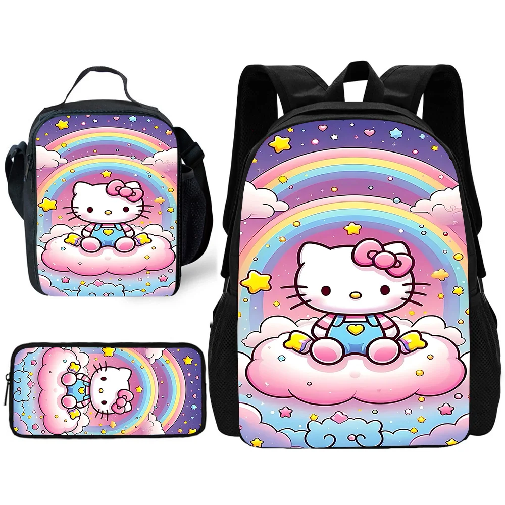 Cute Cartoon Hello Kitty Child School Backpack with Lunch Bags ,Pencil Bags ,School Bags for Boys Girls Best Gift