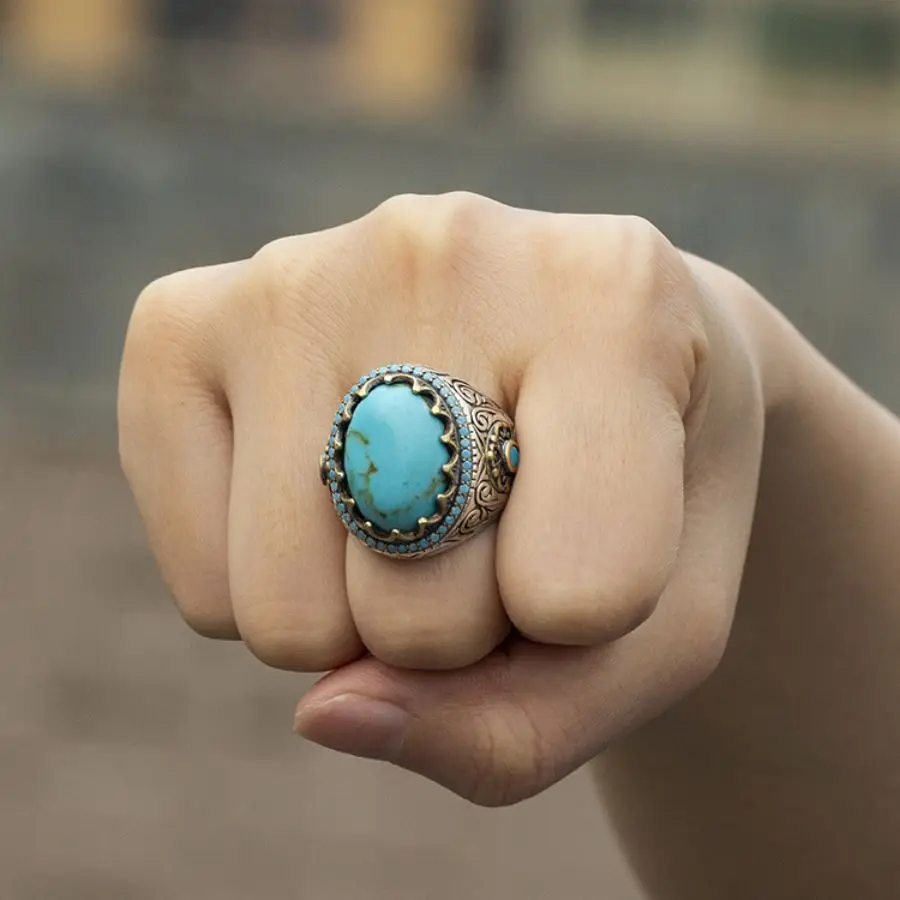 Wholesale Rings Men Vintage Natural Turquoise Stone 925 Sterling Silver Turkish Islamic Antique Wedding Rings Male