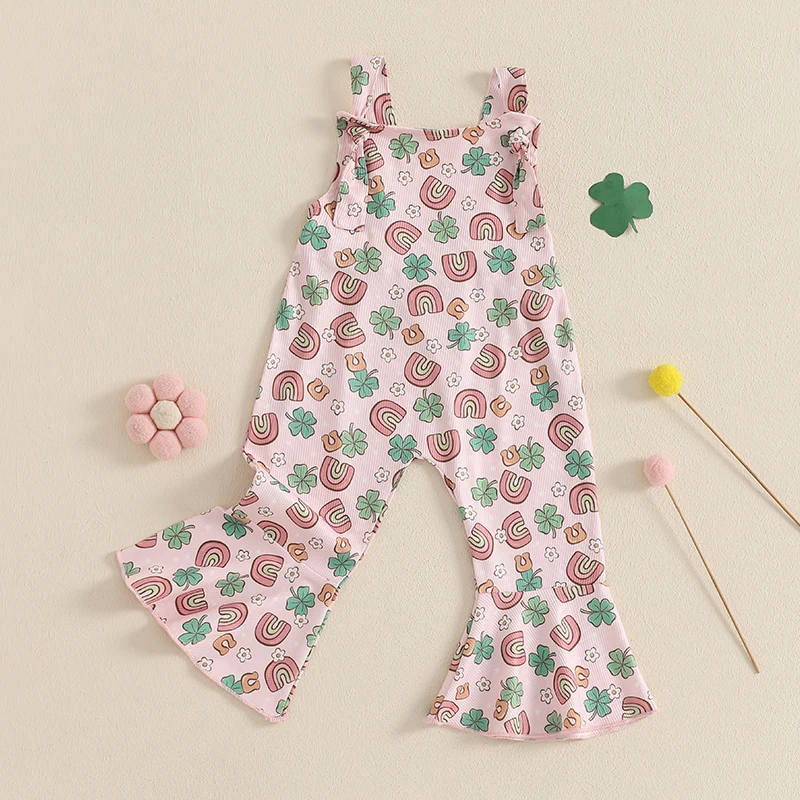 Kids Girls Overalls Rainbow Shamrock Print Spring Flare Pants Clothes for Irish Holiday