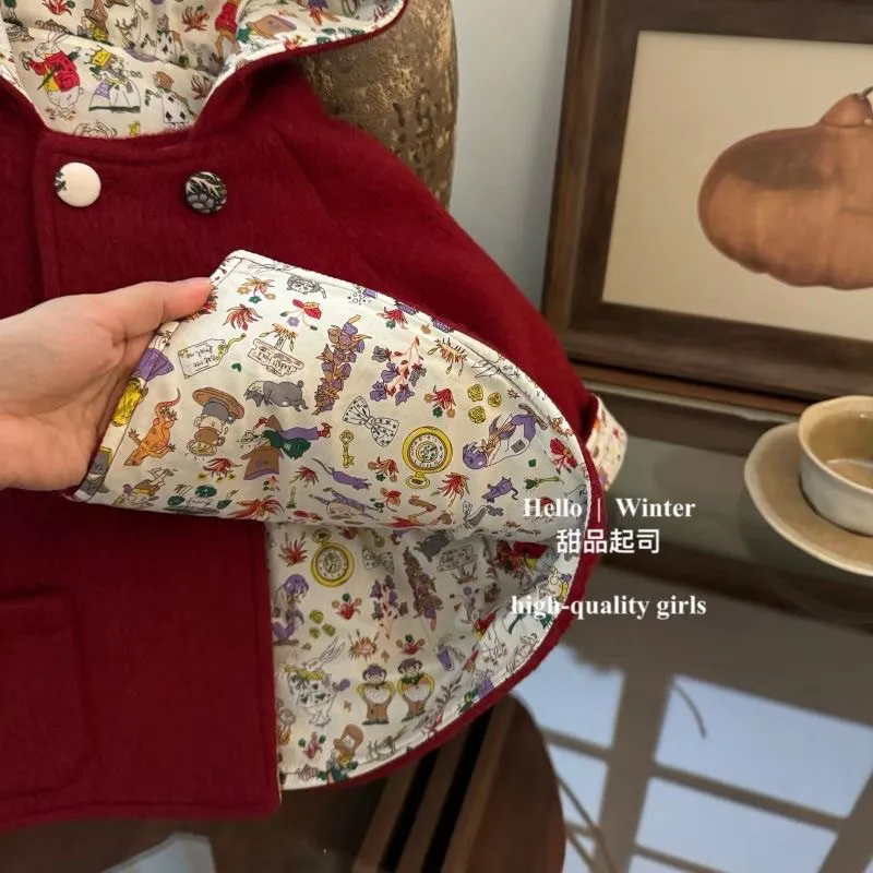 80-130CM Baby Girl Woolen Coat Autumn/Winter Children's New Year Woolen Coat New Princess Style Overcoat