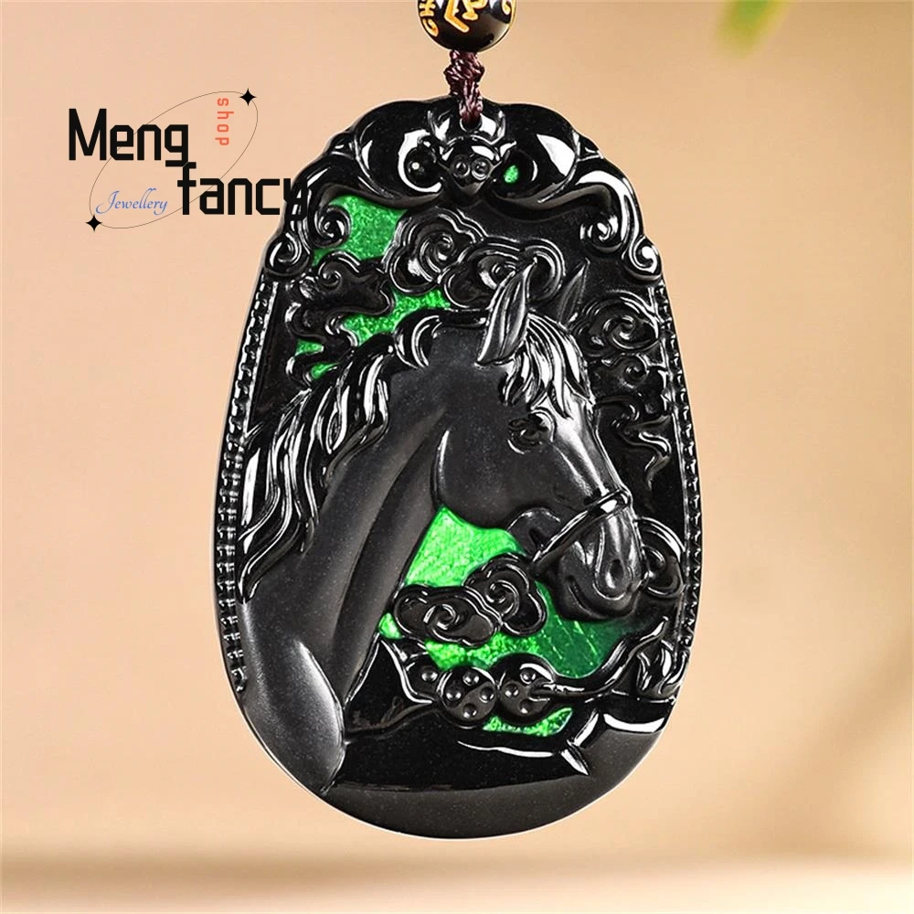 

Натуральный черный жадеит класса А, мгновенное богатство, зодиакальная лошадь, нефритовый кулон ледяного типа, роскошные модные ювелирные изделия, талисманы, прекрасный праздничный подарок