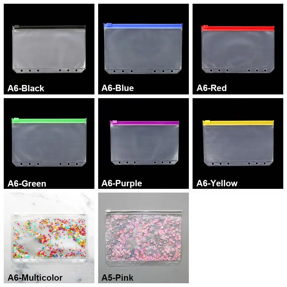 6 Hole A5/A6 Loose-leaf File Pocket Multicolor Zip Lock Clear Frosting Cards Storage Bag PVC Waterproof Zipper File Pouch