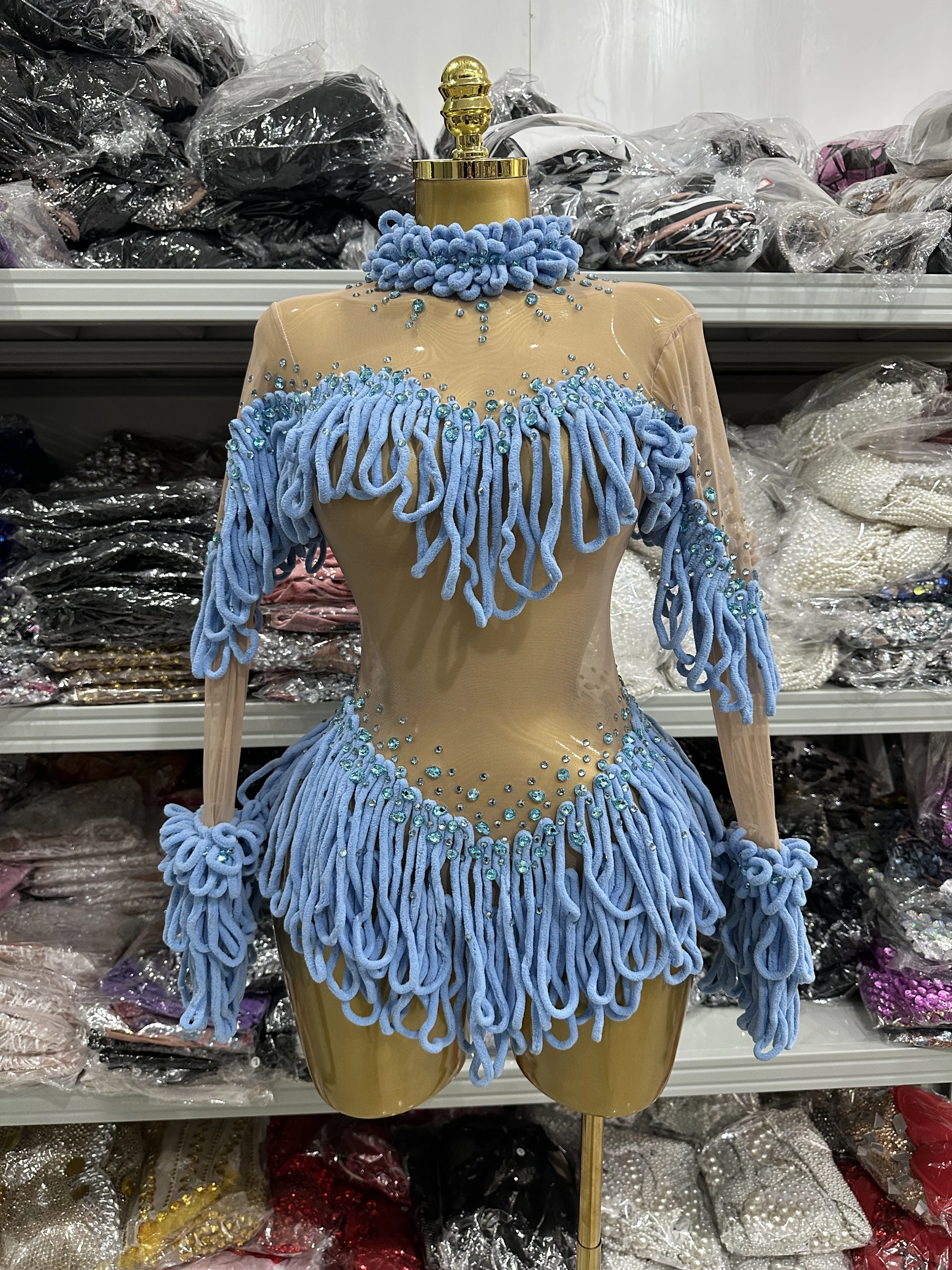 

Pink Skyblue Women Long Sleeve Sexy Mesh See Through Draped Bodycon Bodysuit Celebrate Bar Dancer Performance Customes