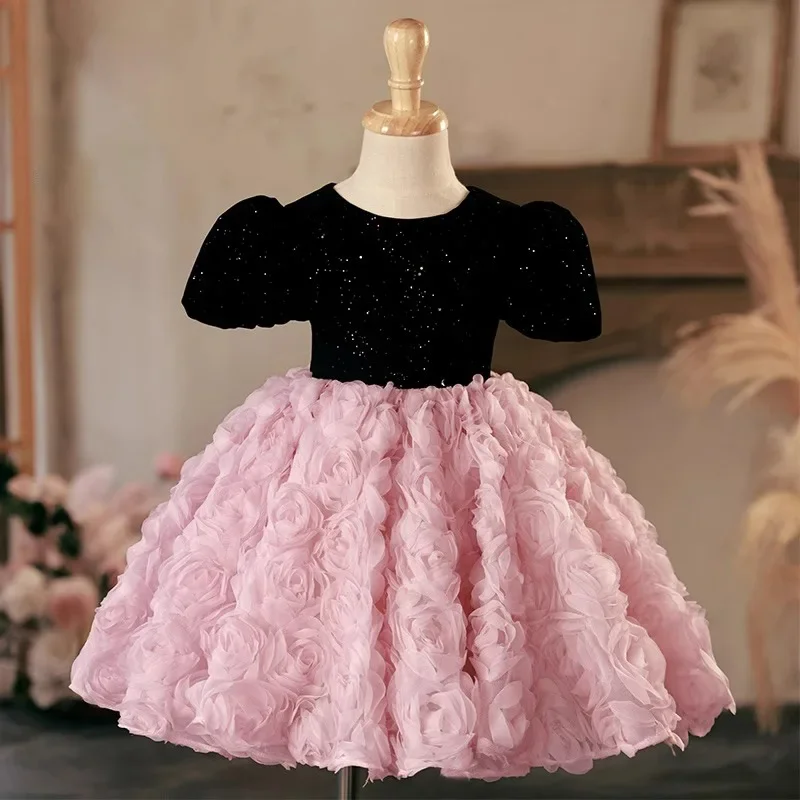 Baby Mädchen Prinzessin Geburtstagskleid Kinder Sommer Herbst Tüllkleider Luxuriöses Rosa Kleid Kleinkind Mädchen Elegantes Ballkleid
