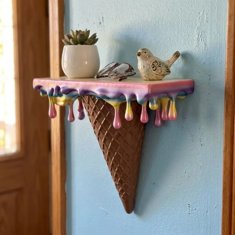 3D Printed Melting Ice Cream Floating Wall Shelf Plastic Stable Waffle Cone Display Stand Funny Wall-Mounted Wall Storage Rack
