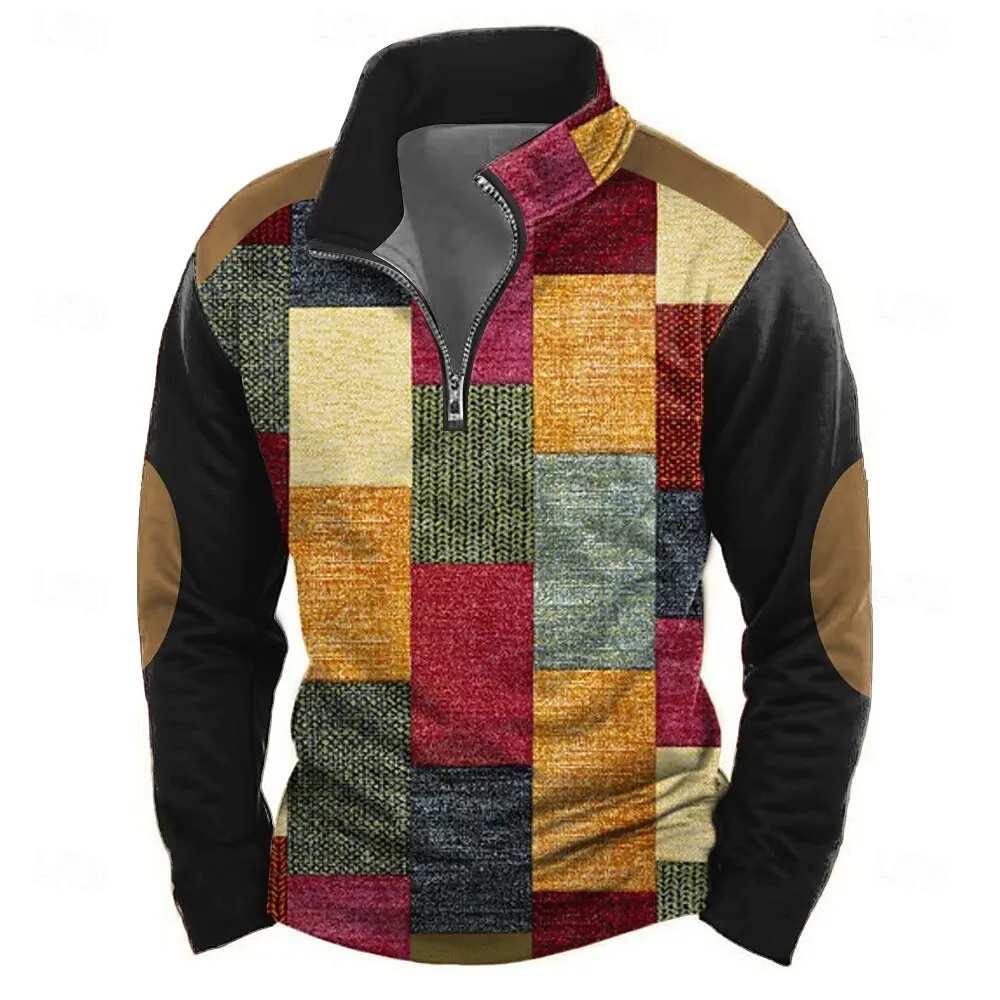 

Colorful Plaid Print Half Zip Long Sleeve Top Autumn Winter Men's Stand Collar Sweatshirts Casual Men Clothing Fashion Pullover