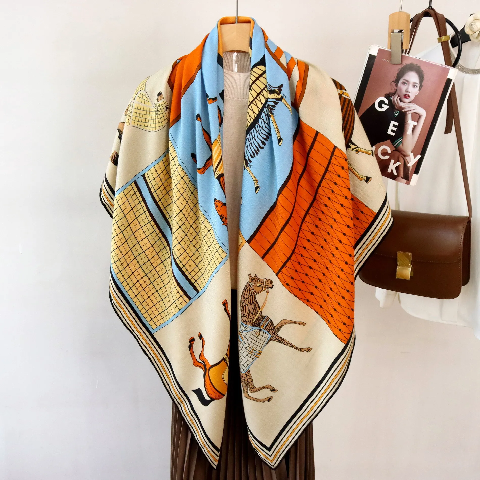 

High-end Elegant Women's Exquiste Grids Horses Both-side Print Quality Silk Wool Hand-rolled Edges Large Square Scarf Shawl