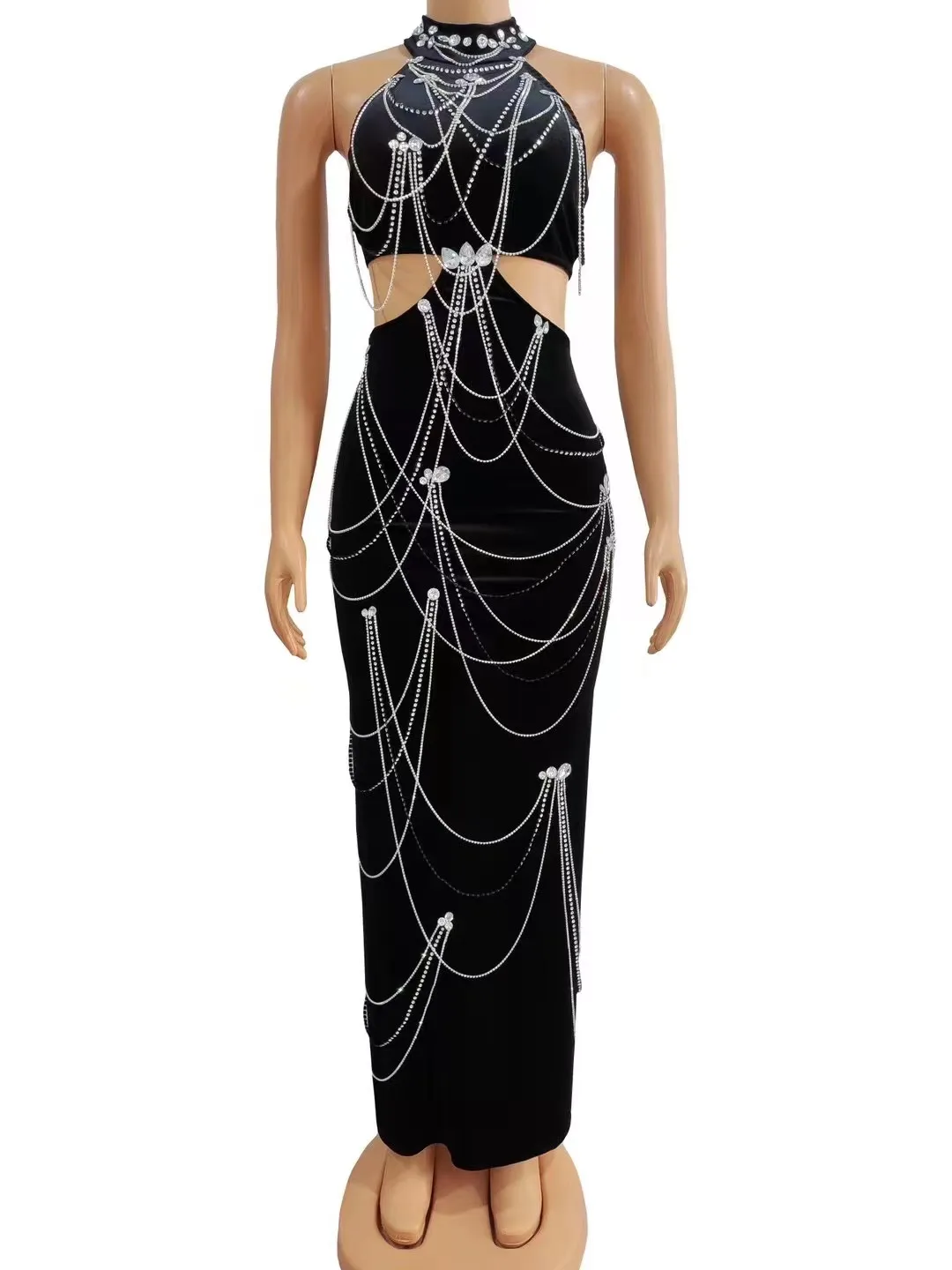 

Sparkly Diamonds Tassels Chain Balck Color Sexy Halter Backless Midi-Length Dress Evening Party Celebrate Performance Costume